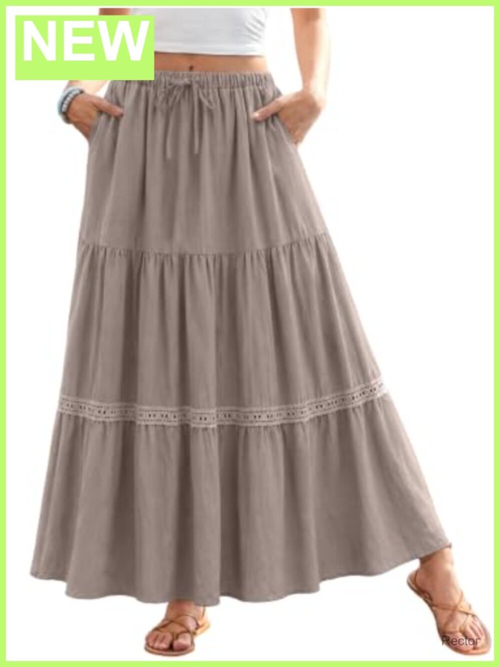 Boho Lace Trim Tiered Maxi Skirt High Waisted A Line with Pockets